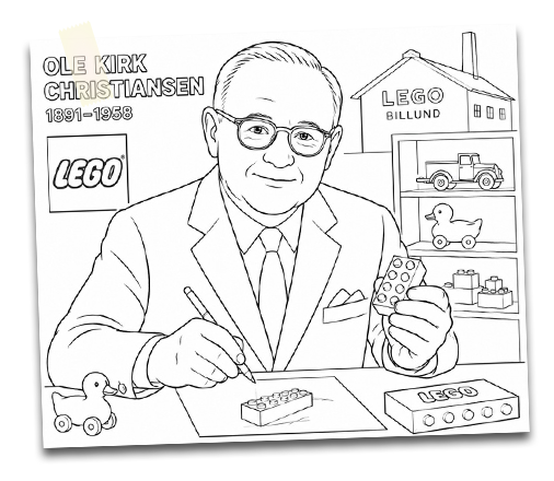 Wer ist Ole Kirk. Eine gezeichnete Darstellung des Lego Erfinders.